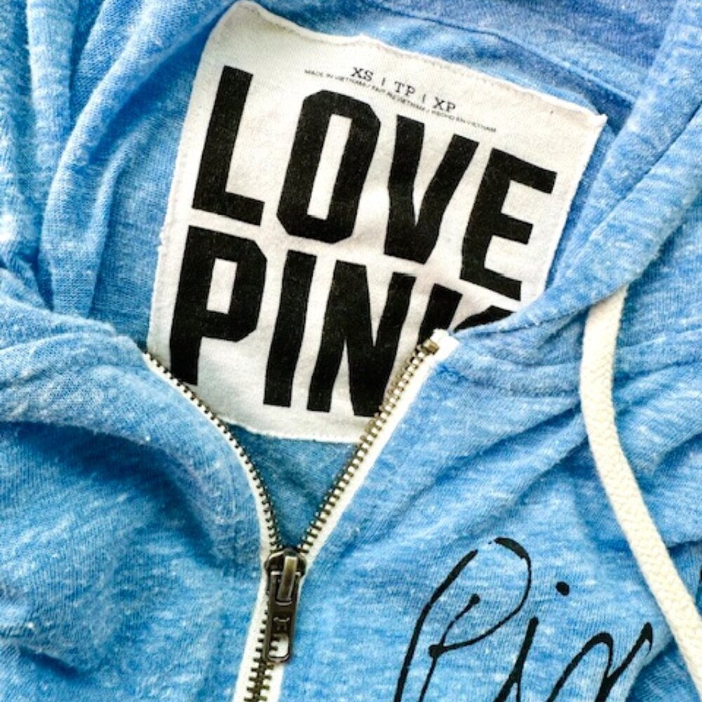 Retired 2009 Love Pink Lightweight Zip Up Hoodie Cotton Blend Pale Blue Blue XS